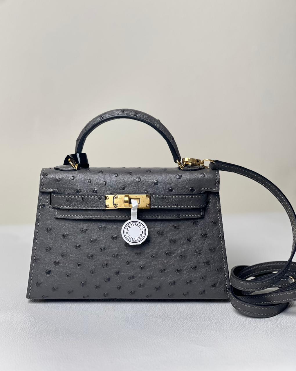 HERMES KELLY 20 OSTRICH SELLIER Handbag in Terre Cuitte With Palladium